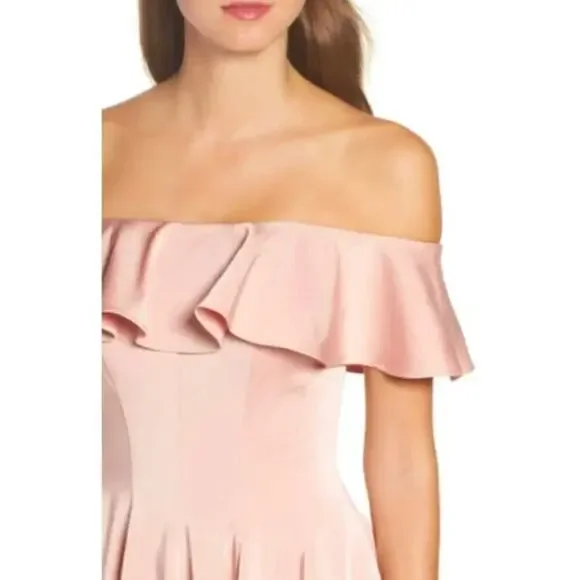 La Femme NWT Blush Pink Ruffled Off Shoulder Fit & Flare Dress- Size 4 - Picture 4 of 11